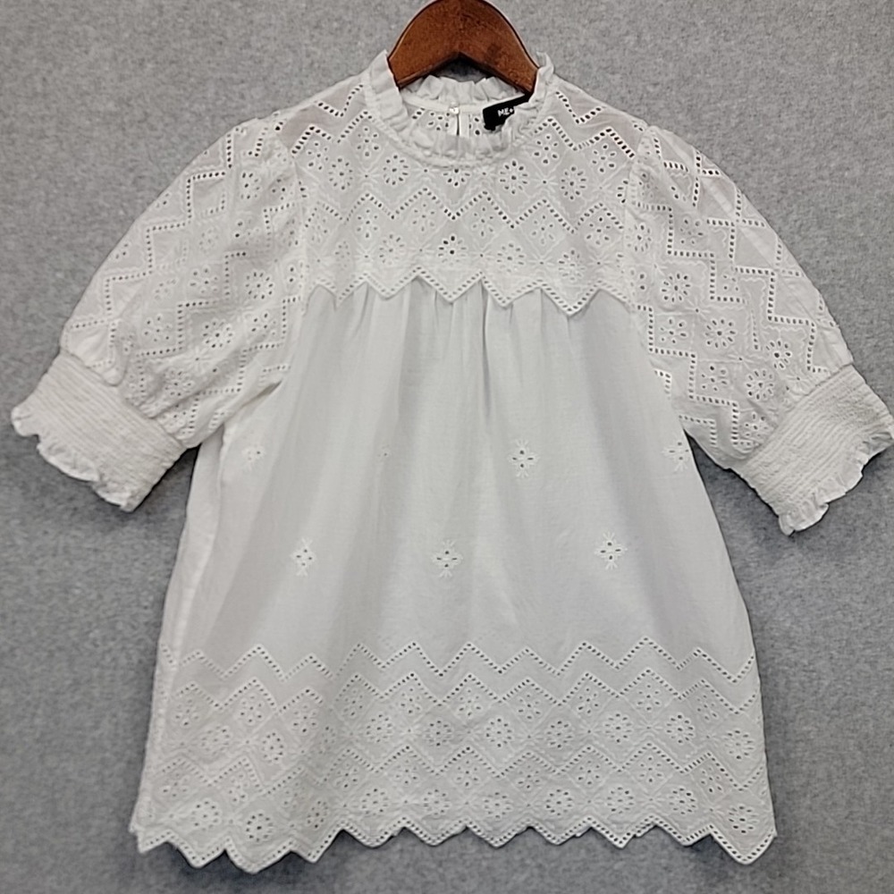 ME+EM Cotton Lace Flower Broderie Blouse Top White Embroidered Women's Sz 6